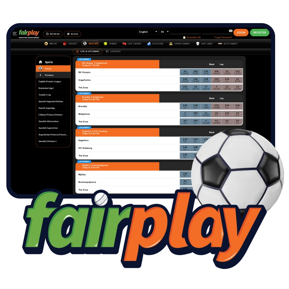 Place bets on football matches on the FairPlay platform.