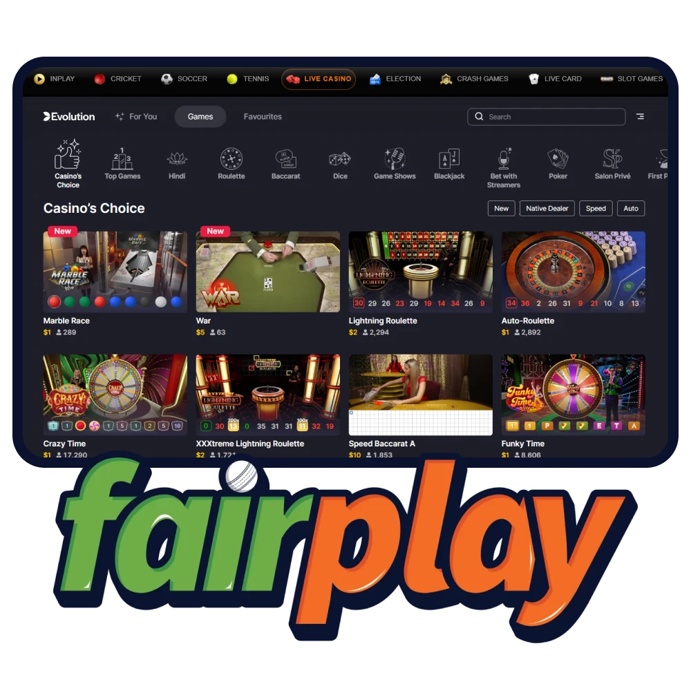 FairPlay offers a wide range of live casino games such as roulette, baccarat and blackjack.